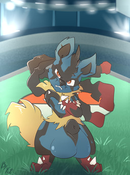 animal_genitalia anthro balls big_balls big_sheath biped black_body black_fur black_markings black_nose blue_body blue_fur chest_spike claw_fingers facial_markings front_view fully_sheathed fur genitals hand_spike head_markings huge_balls hyper hyper_balls hyper_genitalia looking_at_viewer male markings mask_(marking) nude outside sheath shortstack shortstack_male solo spikes spikes_(anatomy) stadium teeth yellow_body yellow_fur fuf nintendo pokemon generation_2_pokemon generation_6_pokemon hybrid mega_evolution mega_lucario pokemon_(species) teddiursa 2019 digital_media_(artwork) hi_res