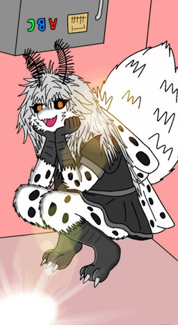 3_toes anthro black_sclera feet female grey_hair hair hand_on_cheek long_hair markings open_mouth open_smile smile solo spots spotted_body toes yellow_eyes kositamandy polly arthropod insect lepidopteran moth hi_res