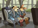 anthro boy_scout bus clean_diaper commercial_vehicle diaper forest forest_background group male nature nature_background plant scarf tired tree trio vehicle young akkodoggo canid canine canis lagomorph leporid mammal procyonid rabbit raccoon wolf 4:3