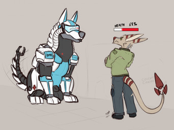 animal_genitalia annoyed anthro balls black_body black_clothing black_footwear black_shoes black_tongue blue_body blue_bottomwear blue_clothing blue_pants bottomwear brown_body brown_fur clothed clothed_anthro clothed_male clothing crossed_arms distracted duo feral footwear fur gameplay_mechanics genitals green_clothing green_eyes green_topwear gui health_bar machine male narrowed_eyes number pants sheath shoes sound_effects tail tan_body tan_fur tapping_foot text tongue tongue_out topwear torn_clothing white_body wounded youtube_logo covertcanine space_station_13 youtube byte_(malfaren) kale_(covertcanine) medihound dogborg robot artist_name character_name english_text