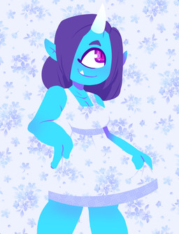 1_eye big_eyes blue_body blue_skin breasts cleavage clothed clothing dress fangs female front_view fully_clothed hair humanoid_hands humanoid_pointy_ears light_body light_skin looking_up monster_girl_(genre) multicolored_eyes noseless not_furry pattern_background pink_eyes pointy_ears purple_hair simple_background smile solo teeth white_clothing xuco cyclops humanoid portrait three-quarter_portrait