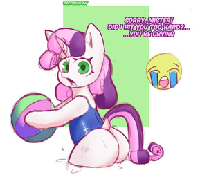 anthro ball beach_ball big_butt blue_clothing blue_swimwear bodily_fluids butt clothing crying crying_emoji ellipsis emoji female green_eyes green_square green_text hair horn inflatable looking_at_viewer multicolored_hair multicolored_tail open_mouth simple_background solo swimwear tail talking_to_viewer tears text water wet wet_body wet_clothing white_background white_body white_ears worried young young_female inkyshadow friendship_is_magic hasbro my_little_pony mythology uohhhhhhhhh! sweetie_belle_(mlp) equid equine horse mammal mythological_creature mythological_equine pony unicorn colored digital_drawing_(artwork) digital_media_(artwork) signature