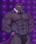 abs anthro biceps blush bow_(feature) bow_tie bulge clothed clothing detailed_bulge fur genital_outline kemono male money money_in_thong muscular muscular_anthro muscular_male nipples pecs penis_outline skimpy solo stripper thong topless underwear sheepgnyook canid canine canis mammal 2019 absurd_res digital_media_(artwork) hi_res