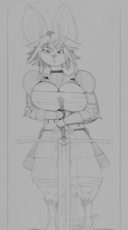 armor big_breasts breasts female feral huge_breasts melee_weapon solo sword weapon duplicatename humanoid mammal murid murine rat rodent hi_res monochrome