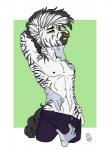 2019 abs anthro bodily_fluids bottomwear braided_tail bulge bulge_grab clothed clothing digital_media_(artwork) disembodied_hand equid equine facial_piercing green_eyes grope group hi_res male mammal mohawk muscular muscular_male nipples nose_piercing nose_ring pants piercing rancidious ring_piercing smile solo_focus stripes sweat tail topless zebra zeke_white