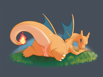 anus blue_eyes blush butt claws female feral fire genitals grass green_membrane green_wings grey_background looking_back lying membrane_(anatomy) membranous_wings non-mammal_vulva on_front orange_body plant presenting presenting_hindquarters raised_tail rear_view simple_background solo spread_legs spreading tail toe_claws vulva white_claws wings ajin mythology nintendo pokemon charizard dragon generation_1_pokemon mythological_creature mythological_scalie pokemon_(species) reptile scalie