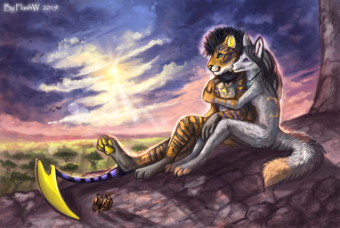 anthro black_hair blue_eyes breasts day detailed_background duo female hair male nude outside purple_eyes sitting sky sun flashw canid canine canis coyote mammal 2019 digital_media_(artwork)