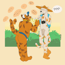 anthro balls baseball_cap black_nose bodily_fluids bow_tie butt camera casual_nudity circumcised circumcision_scar clothing collar duo excited eyes_closed fanny_pack feet flaccid freckles fur fuzzy fuzzy_tail genital_scar genitals glans hat headgear headwear leaning leaning_forward long_tail looking_at_another male map nervous nervous_smile nervous_sweat nude on_one_leg orange_body orange_feet orange_fur outdoor_nudity outside penis plant pompadour pubes public public_nudity question_mark scar slightly_chubby slim smile social_nudity standing sun_hat sun_hat_only sweat tail tail_motion tailwag teeth whisker_spots white_body white_fur p_rindustries osmond_(p_rindustries) wilt_(p_rindustries) domestic_cat felid feline felis mammal 1:1 hi_res signature