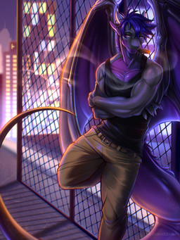 anthro blue_hair cigar city city_background cityscape claws clothing glistening glistening_body grey_body hair horn male muscular muscular_male night red_eyes relaxed_expression rooftop shirt smoke smoking solo tank_top topwear wings bakas0baka mythology quil dragon mythological_creature mythological_scalie scalie 3:4 absurd_res hi_res