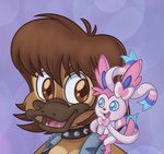 anthro beak blue_eyes brown_body brown_eyes brown_fur brown_hair duo female fur hair white_body itoruna nintendo pokemon itoruna_the_platypus eeveelution generation_6_pokemon mammal monotreme platypus pokemon_(species) sylveon