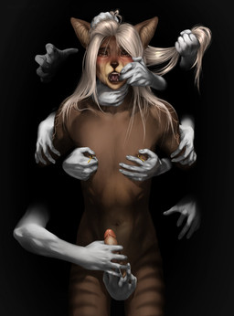 ambiguous_gender anthro black_background blonde_hair blush brown_body brown_fur disembodied_hand dominant dominant_ambiguous fangs femboy finger_in_mouth fish_hooking fur genitals grabbing_hair group hair hand_around_neck hand_on_penis long_hair male male/ambiguous nipple_fetish nipple_piercing nipple_pinch nipple_play nipples nude_anthro nude_male open_mouth penis piercing pinch pulling_hair simple_background standing striped_body striped_fur stripes submissive submissive_anthro submissive_male teeth touching_hair nazena_ra canid canine canis domestic_dog mammal hi_res