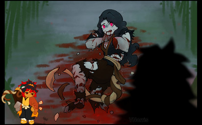 2_tails ambiguous_gender arms_tied asian_clothing bamboo black_hair blood blood_from_mouth blood_from_wound blood_in_mouth bodily_fluids bottomwear bound brown_markings carried carrying_another clothing duo east_asian_clothing gore grabbing_throat gradient_limbs grass hair hakama hanafuda haori japanese_clothing male markings missing_arm missing_leg multi_tail night on_ground pink_eyes plant ponytail red_eyes red_hair_tips regeneration restrained shaking sheathed_sword sheathed_weapon shoulder_carry silhouette tail torn_clothing tremble_lines tremble_spikes trembling wounded puppetmaster13uwu cookie_run demon_slayer kimetsu_no_yaiba muzan_kibutsuji yoriichi_(demon_slayer) cookie_(cookie_run) demon humanoid cel_shading shaded