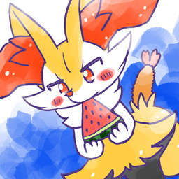 ambiguous_anthro ambiguous_gender anthro biped blush blush_stickers dutch_angle eating_watermelon food front_view fruit holding_food holding_fruit holding_melon holding_object holding_watermelon melon no_pupils object_in_tail plant shrimp_(food) simple_background snout solo standing tail watermelon watermelon_slice annyui0611 nintendo pokemon braixen canid generation_6_pokemon mammal pokemon_(species) 1:1 2024 digital_drawing_(artwork) digital_media_(artwork) half-length_portrait hi_res japanese_description portrait translated_description