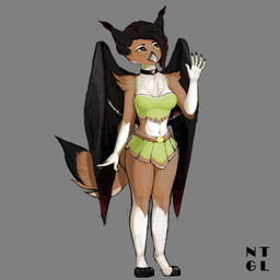 4_toes 5_fingers anthro arm_tuft beak belt belt_buckle biped black_hair black_markings black_tail black_toes black_wings bottomwear breasts brown_belt brown_body brown_fur brown_tail buckle cheek_tuft chest_tuft choker claws clothing ear_tuft eyebrows eyelashes facial_markings facial_tuft feet female finger_claws fingers folded_wings freckles fur gem gesture green_bottomwear green_clothing green_shirt green_skirt green_t-shirt green_topwear hair head_markings jewelry looking_sideways markings multicolored_body multicolored_eyes multicolored_fur multicolored_hair multicolored_tail multicolored_wings navel necklace non-mammal_breasts non-mammal_navel purple_eyes red_eyes red_gem red_hair red_markings shirt shoulder_tuft skirt smile solo standing t-shirt tail three-quarter_view toes topwear tuft waving white_body white_fur white_markings wings yellow_sclera nightingale_hrt mythology avian gryphon mythological_avian mythological_creature 1:1 absurd_res hi_res