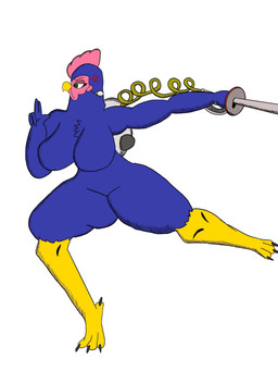 anthro backpack backpack_only beak beak_closed big_breasts blue_body breasts featureless_breasts female green_eyes holding_object holding_weapon huge_breasts mouth_closed non-mammal_breasts running solo thick_thighs weapon wide_hips yellow_legs jessica_gregory rooster_fighter elizabeth_(rooster_fighter) avian bird chicken galliform phasianid 3:4 hi_res