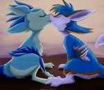 4_ears anthro blue_body blue_feathers countershading digitigrade duo eyes_closed feathered_wings feathers female green_body kissing male multi_ear winged_arms wings eyeofcalamity gyrotech luvashi nonine avali avian absurd_res hi_res