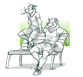 anthro bench biped bodily_fluids bottomwear clothed clothed_anthro clothed_male clothing duo eyes_closed facial_markings fingers flying_sweatdrops food food_in_mouth footwear fully_clothed fully_clothed_anthro fully_clothed_male fur gradient_background grass green_background head_markings head_tuft humanoid_hands male male_anthro markings narrowed_eyes on_bench plant popsicle popsicle_in_mouth print_clothing print_shirt print_tank_top print_topwear shirt shoes shorts simple_background sitting sitting_on_bench sneakers sweat sweatdrop t-shirt tail tank_top topwear tuft whiskers white_background suck_mcjones laz_(suck_mcjones) mason_(suck_mcjones) akita akita_inu binturong canid canine canis domestic_dog mammal spitz viverrid digital_drawing_(artwork) digital_media_(artwork) monochrome shaded signature spot_color