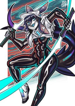 anthro black_body black_bodysuit black_clothing black_hair black_latex black_skinsuit blue_eyes bodysuit bulge clothed clothed_anthro clothed_female clothing dual_wielding female femboy footwear hair holding_object holding_weapon katana latex latex_bodysuit latex_clothing latex_skinsuit looking_at_viewer male melee_weapon shoes skinsuit solo sword tail tight_clothing weapon wearing_hat jooshy bulena_(cazzkie) aquatic fish 2025 absurd_res hi_res