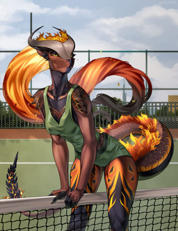 anthro bottomwear camel_toe chain-link_fence clothing female fence fire flaming_tail green_bottomwear green_clothing green_shirt green_shorts green_tank_top green_top green_topwear hair horn long_hair net orange_hair shirt shorts solo tail tank_top tennis_net topwear yellow_eyes mythology dragon mythological_creature mythological_scalie scalie hi_res