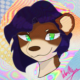 ambiguous_gender anthro background_noise bright_colors brown_body brown_fur eyeshadow feminine flowing_hair fur gem_eyes green_eyes grin hair highlights_(coloring) makeup purple_hair rainbow rainbow_background simple_background slim_anthro smile solo tired white_body white_fur waltyzwaffles mammal mustelid otter 1:1 hi_res genderfluid_(lore)