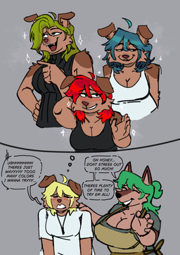 anthro apron big_breasts breasts clothed clothing dialogue duo eyes_closed female huge_breasts text thought_bubble commanderthings commander_(commanderthings) belgian_tervuren canid canine canis mammal wolf absurd_res english_text hi_res
