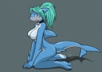 anthro arm_support bell belly biped blue_body blue_skin breasts collar countershading featureless_breasts female fish grey_background hair half-closed_eyes kneeling lamniform looking_at_viewer looking_back marine myrl narrowed_eyes non-mammal_breasts ponytail radial_(artist) shark side_view simple_background smile solo thresher_shark turquoise_hair white_belly