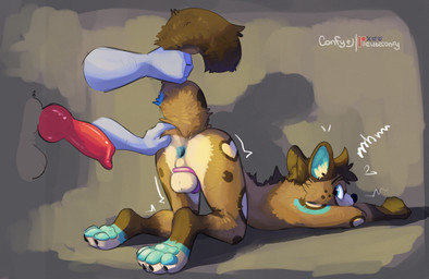 animal_genitalia animal_penis anus balls canine_genitalia canine_penis chastity_cage chastity_device genitals hand_on_butt male pawpads paws penis solo_focus tail tail_grab conditional_dnp cuteconfy teegandoggo african_wild_dog canid canine mammal hi_res