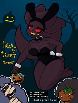 5_fingers 5_toes anthro anthrofied big_breasts black_body black_outline black_skin breasts bunny_costume cleavage clothed clothing costume fake_ears fake_rabbit_ears feet female fingers group hair halloween_costume holidays lips looking_at_viewer male mummy_costume mummy_wrappings not_furry open_mouth outer_highlight outline purple_hair red_eyes red_sclera smile solo_focus text toes white_outline zipper kiss_the_carrot halloween nintendo pokemon rika_(kiss_the_carrot) sayi_(kiss_the_carrot) banette gastly generation_1_pokemon generation_3_pokemon ghost humanoid pokemon_(species) spirit 2020 digital_media_(artwork) english_text hi_res shaded