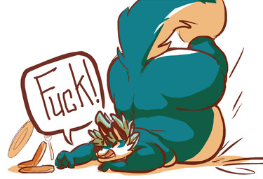anthro belly big_belly big_tail cutlery dialogue falling fluffy fluffy_tail food fork hair kitchen_utensils male moobs on_ground open_mouth overweight overweight_male pancake plate profanity solo speech_bubble tail text tools tripping joebluefox joe_(joebluefox) canid canine fox mammal english_text