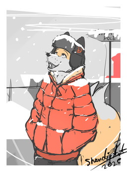anthro black_eyes clothing coat fur happy hat headgear headwear jacket looking_up male north_pole parka red_clothing red_jacket red_topwear scenario sign simple_background smile snow solo standing toony topwear trapper_hat ushanka white_body white_fur yellow_body yellow_fur shardie canid canine fox mammal absurd_res hi_res shaded