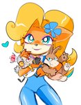 anthro biped black_nose blonde_hair blue_eyes brown_body clothed clothing dual_holding eyelashes female flower hair heart_symbol holding_object holding_plushie long_hair orange_body plant plushie ponytail simple_background smile solo white_background gawlstar activision crash_bandicoot_(series) coco_bandicoot dingodile doctor_n._gin bandicoot canid canine canis crocodile crocodilian dingo human hybrid mammal marsupial reptile scalie 2021 hi_res