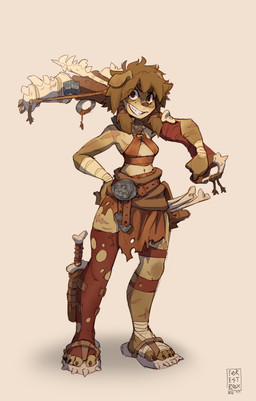 5_toes accessory anthro axe belt belt_buckle bone bottomwear brown_body brown_fur brown_hair buckle clothing countershade_face countershading feet female floppy_ears footwear fur grin grinning_at_viewer hair hair_accessory hair_ribbon hand_wraps looking_at_viewer mauve_background melee_weapon midriff nails navel one_sock ribbons sandals scabbard scar scars_all_over shoes skirt smile smiling_at_viewer solo sword toes torn_clothing weapon wraps foresttherotten ankama dofus wakfu canid mammal ouginak 2019 absurd_res dated digital_drawing_(artwork) digital_media_(artwork) hi_res