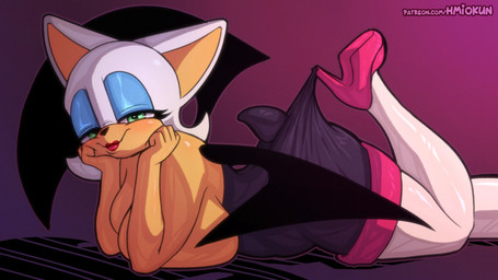 anthro bedroom_eyes big_breasts big_butt biped black_clothing breast_squish breasts butt clothed clothing eyelashes female footwear high_heels huge_breasts legwear looking_at_viewer lying membrane_(anatomy) membranous_wings narrowed_eyes on_front pupils seductive shoes smile solo squish text thick_thighs thigh_highs white_clothing wide_hips wings hmiokun hooked_on_heel_(trend) sega sonic_the_hedgehog_(series) rouge_the_bat bat mammal 16:9 hi_res url widescreen