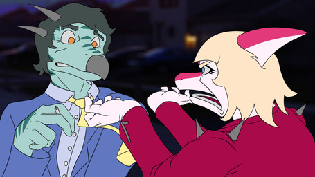 angry anthro blonde_hair blue_body blue_clothing blue_eyes blue_jacket blue_topwear bone_frill cigarette clothed clothed_anthro clothed_female clothed_male clothing duo female fingers frill_(anatomy) grey_hair hair holding_cigarette holding_object horn humanoid_hands jacket male markings medium_hair open_mouth orange_eyes red_clothing red_jacket red_topwear short_hair spiked_jacket striped_markings stripes surprised topwear wide_eyed yelling sebek_fereh_ra cavemanon_studios i_wani_hug_that_gator mia_moretti 16:9 hi_res widescreen