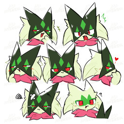 :3 ambiguous_gender anthro bandage black_claws blush bodily_fluids cheek_tuft claws facial_tuft fangs fur green_body green_fur heart_symbol mask narrowed_eyes open_:3 open_mouth open_smile question_mark red_eyes shocked simple_background smile solo sweat sweatdrop tears teeth tuft white_background tontaro nintendo pokemon felid feline generation_9_pokemon mammal meowscarada pokemon_(species) 1:1 2026 digital_media_(artwork) signature