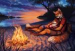 anthro barefoot beach black_nose bottomwear breasts brown_hair campfire clothed clothing collar cuddling detailed_background digitigrade duo feet female fire fluffy green_eyes hair male male/female outside red_hair seaside shirt shorts sky smile star starry_sky t-shirt topwear goldendruid canid canine fox mammal 2017 digital_media_(artwork)