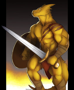 anthro biped bottomwear closed_smile clothing featureless_chest holding_melee_weapon holding_object holding_shield holding_sword holding_weapon loincloth looking_at_viewer male melee_weapon mouth_closed muscular muscular_anthro muscular_male pecs scales shield smile solo sword tail teeth warrior weapon white_sclera yellow_body yellow_scales ruguard reptile scalie 2024 absurd_res hi_res