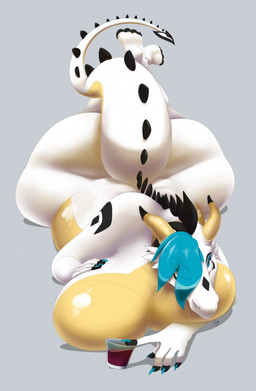 anthro belly beverage big_breasts big_butt blue_eyes blue_hair breasts butt female hair horn huge_breasts lying markings non-mammal_breasts nude on_front overweight overweight_anthro overweight_female scales solo thick_thighs ventral_scales white_body white_scales wide_hips yellow_body yellow_scales hornyori mythology blyzzarde_(character) dragon mythological_creature mythological_scalie scalie 2026 digital_media_(artwork) hi_res