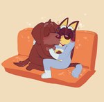 anthro black_body black_ears black_fur black_nose black_tail blue_body blue_fur blue_tail blush brown_body brown_ears brown_fur brown_nose brown_tail duo eyes_closed fur furniture hand_on_back hand_on_chest happy heart_symbol kissing kneeling kneeling_on_sofa love male male/male motion_lines multicolored_body multicolored_fur on_sofa romantic romantic_couple sitting sitting_on_sofa smile sofa tail tail_motion tailwag teeth tongue two_tone_body two_tone_fur two_tone_tail yellow_body yellow_fur shaibey bluey_(series) bandit_heeler fido_(bluey) australian_cattle_dog bird_dog canid canine canis cattledog domestic_dog herding_dog hunting_dog labrador mammal pastoral_dog retriever 2023 digital_media_(artwork) hi_res procreate_(artwork)