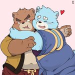 anthro belly blue_body blue_fur blush brown_body brown_fur clothing duo eyes_closed fur heart_symbol hug kemono male navel robe simple_background slightly_chubby young awa_awa bonasiah full_attack sophring_hao bear mammal 2020 absurd_res hi_res