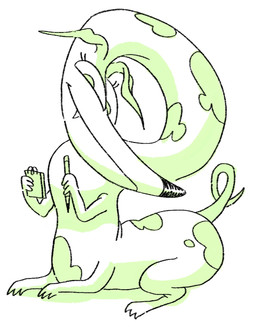 female holding_object long_neck looking_at_viewer lying note_pad pencil_(object) smile solo twistcmyk canid canine canis domestic_dog mammal taur hi_res