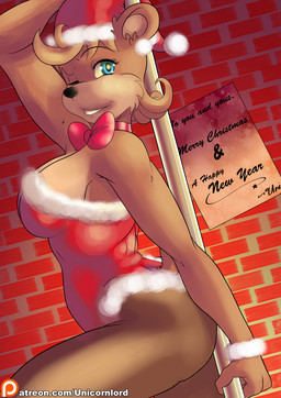anthro big_breasts breasts clothed clothing female fur holidays looking_at_viewer pole simple_background smile solo stripper_pole oldman_artist christmas bear mammal 2015 digital_media_(artwork) hi_res