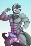 balls black_body black_fur black_hair blue_penis chest_tuft erection fur genitals grey_body grey_fur hair male multicolored_penis nipples penis pubes purple_nipples purple_penis solo tuft white_balls white_body white_fur dominate_(artist) captain_(dominate) canid canine mammal unknown_species