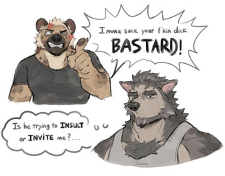 aggressive angry annoyed anthro barazoku beard biceps big_muscles big_pecs black_clothing black_shirt black_topwear body_hair brown_body brown_fur challenge challenging chest_hair chest_tuft clenched_teeth clothing dialogue duo eyebrows facial_hair frown fur gesture grey_beard grey_body grey_chest_hair grey_eyebrows grey_facial_hair grey_fur grey_hair grey_sideburns hair hand_gesture inviting inviting_to_oral inviting_to_sex male male/male manly markings muscular muscular_anthro muscular_arms muscular_male offering_oral offering_sex offering_to_another pecs pointing pointing_at_another profanity shirt sideburns simple_background speech_bubble spots spotted_body spotted_fur spotted_markings tank_top taunting taunting_partner teeth text thick_arms thick_eyebrows thought_bubble threatening topwear tough_guy trash_talking tuft white_background white_body white_clothing white_facial_hair white_fur white_hair white_shirt white_sideburns white_tank_top white_topwear meocondainhan canid canine canis hyena mammal spotted_hyena wolf english_text hi_res