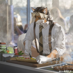 anthro black_nose blue_eyes brown_hair clothed clothing cutlery food front_view fur hair holding_spoon kitchen_utensils male male_anthro mouth_closed multicolored_hair orange_body orange_fur solo spoon standing tools topwear two_tone_hair white_body white_clothing white_fur white_hair white_topwear awaldkize canid canine fox mammal 1:1 absurd_res hi_res