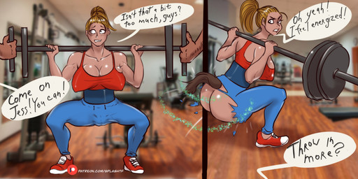 breasts butt camel_toe clothing dialogue exercise expansion female nipple_outline patreon_logo solo speech_bubble spread_legs spreading text torn_clothing transformation weightlifting workout splashtf patreon equid equine horse human mammal absurd_res comic english_text hi_res url