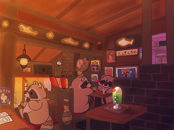black_nose chibi detailed_background dot_eyes drinking eyes_closed feral group inside simple_eyes sitting text yuswith2354 mammal procyonid raccoon 2022 4:3 hi_res japanese_text
