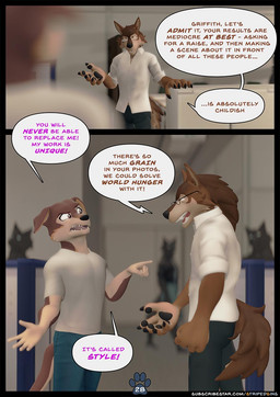 anthro argument bottomwear brown_body brown_fur clothing denim denim_bottomwear denim_clothing dialogue eyewear fur glasses jeans male office pants shirt t-shirt text topwear willitfit striped_sins griffith_(striped_sins) lance_(striped_sins) canid canine canis mammal wolf 3d_(artwork) comic digital_media_(artwork) english_text hi_res url