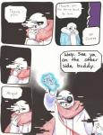 aftertale animated_skeleton blood bodily_fluids bone clothed clothing comic dialogue english_text frisk_(undertale) glitch group human loverofpiggies male mammal not_furry sans_(undertale) skeleton teeth text undead undertale undertale_(series) wounded