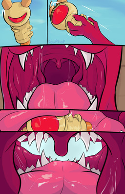 4_fingers ambiguous_gender anthro bodily_fluids duo female female_pred fingers imminent_vore inside_mouth machine object_vore open_mouth prey_pov red_body saliva semi-anthro sky smooth_skin teeth tongue vore soupslop rain_world videocult artificer_(rain_world) robot slugcat absurd_res comic hi_res